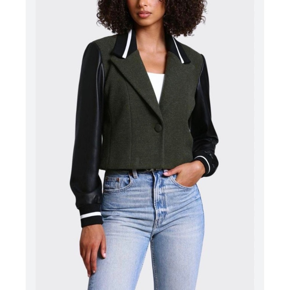 7 For All Mankind Womens Olive Green Mixed Media Varsity‎ Blazer Jacket 82578